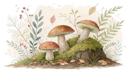 Mushrooms with moss, earthy watercolor illustration, forest botanical clipart