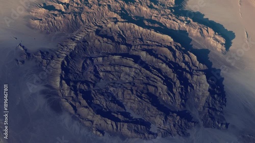 Jabal Arkanu ring mountains in the Sahara desert sunrise satellite timelapse animation based on Nasa imagery