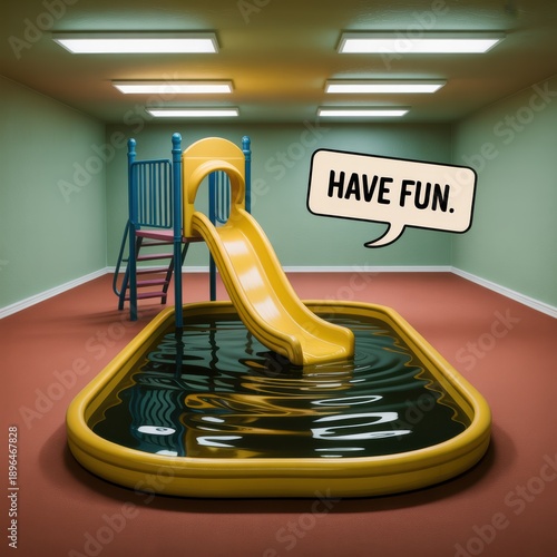Surreal indoor playground with yellow slide over dark pool and ironic have fun text concept of danger anxiety and childhood nostalgia