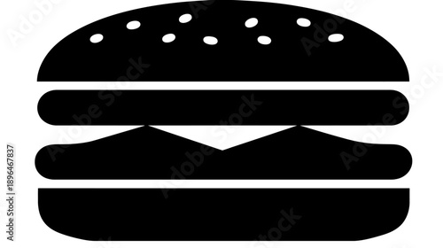 A monochrome illustration of a sandwich composed of buns, meat, and other fillings