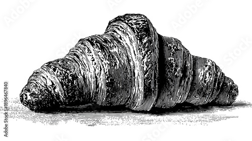 A detailed black and white illustration of a crescent-shaped pastry, styled with cross-hatching