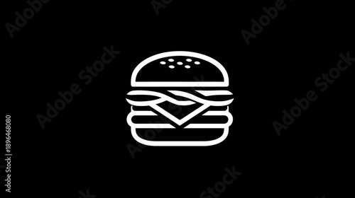 A white outlined illustration of a burger against a black backdrop. The burger is composed of several layers