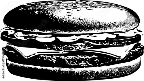 Black and white illustration of a large burger, featuring bun, fillings and cheese slices