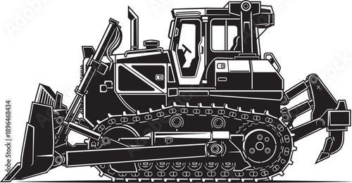 Bulldozer vector illustration. Heavy construction machinery silhouette side view.