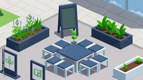 Isometric 3D render of outdoor cafe seating with planters and signage