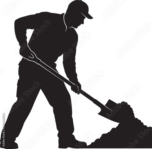 Black and white shovel silhouette isolated on white background representing manual labor, gardening tools, construction equipment, landscaping services, and backyard soil digging work concepts.