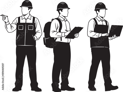 Black and white silhouette of professional male architects and construction site engineers using laptops and clipboards for building project management and site supervision concepts.