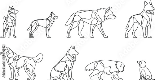 Line Art Dog Vector Illustrations Featuring Various Canine Breeds and Wolf Silhouettes in Minimalist Black and White Design Style