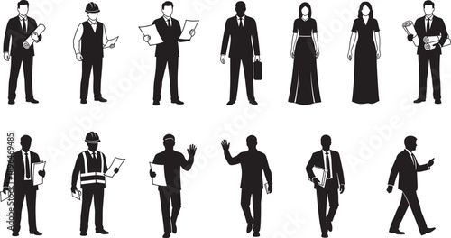Black and white vector icons of diverse professionals including police officers construction workers business people and elegant singers isolated on white background for career concepts