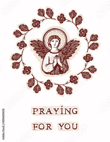 Easter blessings angel christian religious card illustration. Hand drawn angelic spirit with flower and wings for holy week greeting. Isolated editable vector black and white praying for you sentiment
