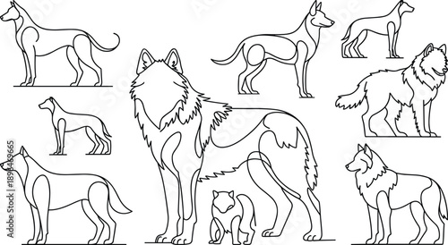 Minimalist Dog Line Art Vector Set Featuring Various Canine Breeds and Wolf Silhouettes Clean Black and White One Line Drawings
