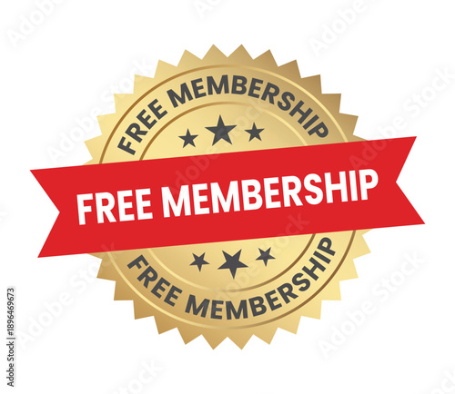 Free membership Golden Badge, Free Event Sign, Logo, Icon, Sticker, Label, Emblem, Stamp, Symbol, Red, Line, Flat Vector, Isolated Illustration