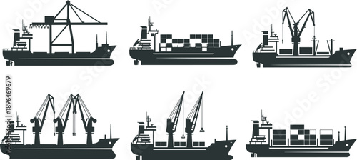 Black and white vector silhouettes of various cargo container ships and freighter vessels with industrial cranes isolated on white background for global shipping logistics
