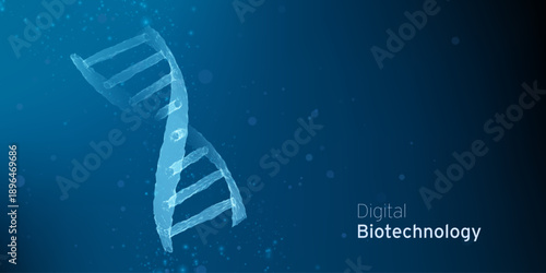 Abstract blue DNA molecule, double helix Technology illustration. Gene digital biotechnology futuristic concept. Biology genetic research backdrop.