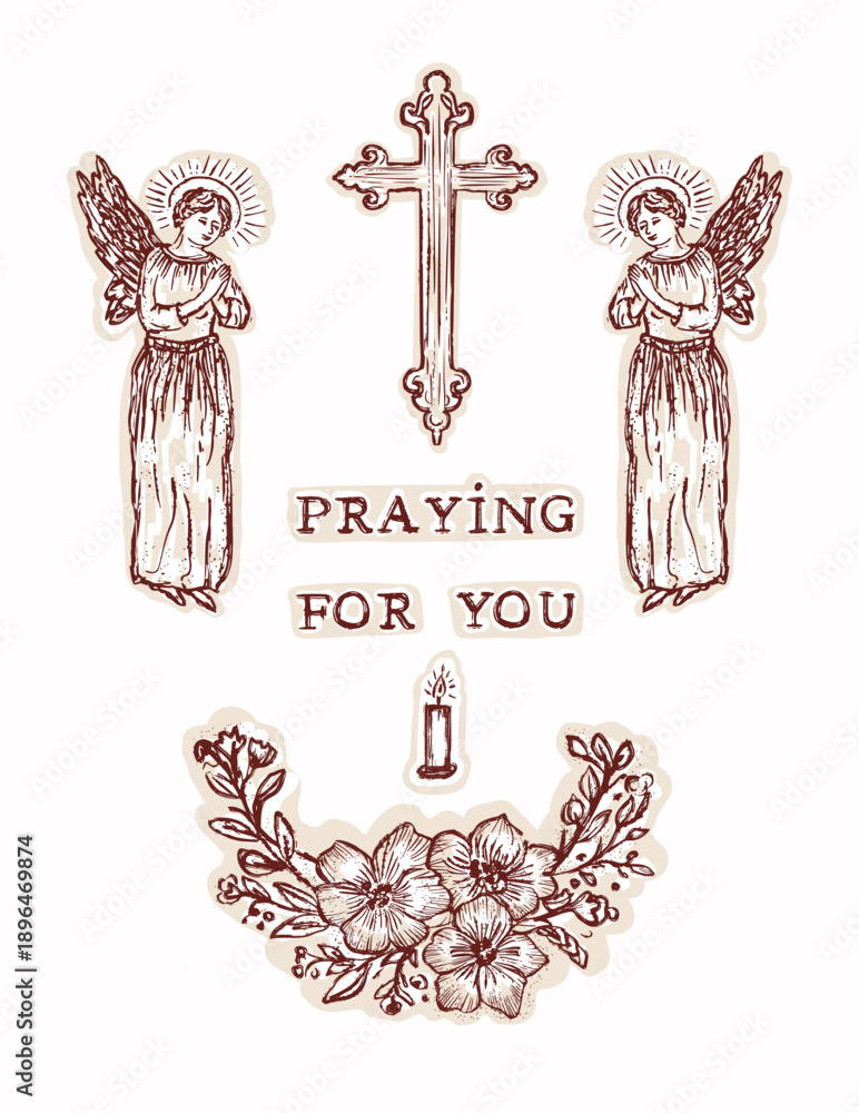Fototapeta premium Holy cross praying for you sentiment blessing . Angel christian religious card illustration. Hand drawn angelic spirit with flower , candle and crucifix for holy week greeting card. Isolated editable 