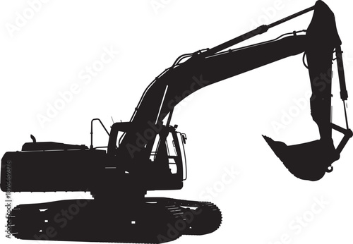 Black Silhouette of a Large Hydraulic Excavator Heavy Machinery for Construction Mining and Earthmoving Industrial Works Isolated on White Background Vector Illustration Art