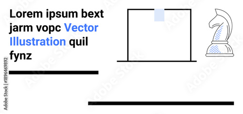 Strategy, information, conceptual design, minimalism, problem-solving, education. Chess knight graphic with text and design lines. Strategy and conceptual design using clean visuals