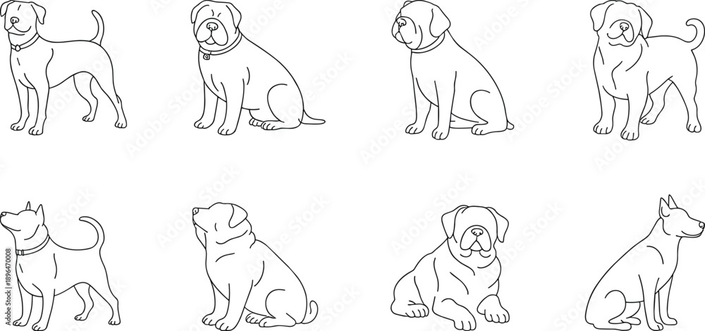 Fototapeta premium Set of Minimalist Dog Line Art Vector Illustrations Featuring Various Puppy Breeds in Different Poses Like Sitting and Standing, Design