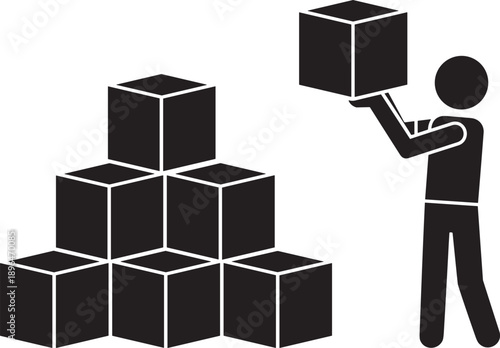 Black Silhouette of a Warehouse Worker Stacking or Carrying Square Cardboard Boxes for Logistics Storage Inventory Management and Delivery Services Isolated on White Background Vector