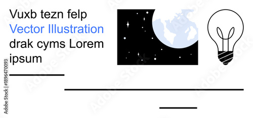 Creativity, inspiration, global ideas, innovation, educational, futuristic. A minimalist graphic with Earth, a lightbulb and a starry sky. Creativity and inspiration concept