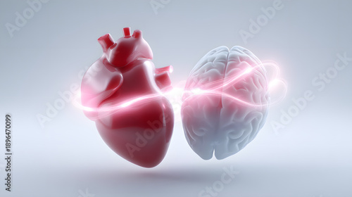 Heart and Mind Connection: A dynamic digital rendering visualizes the intimate bond between the human heart and brain, illuminated by radiant energy pathways. 