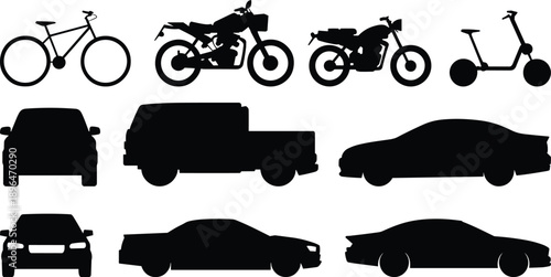 Set of Minimalist Vehicle Silhouettes Including Cars Trucks Motorcycles Bicycles and Electric Scooters in Clean Black and White Vector Style