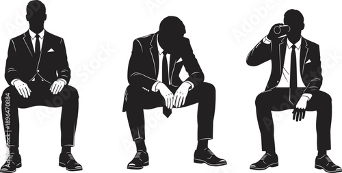 Black Silhouettes Set of Businessmen in Formal Suits Sitting in Various Poses Including Relaxing Drinking Coffee and Thinking Isolated on White Background Vector Art