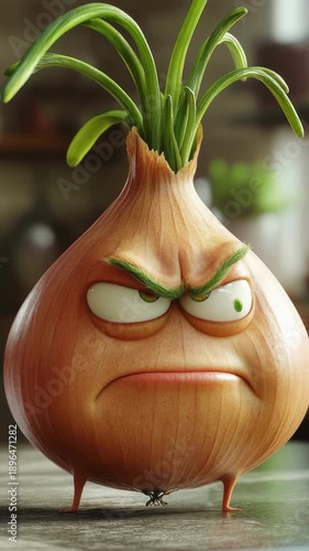Grumpy cartoon onion character with green sprouts standing on a kitchen counter
