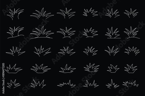 Black grass silhouettes vector set, collection of plant and reed. Tall line grass vector icon under prairie landscape cluster patch open. Green grass lawn cartoon creating a natural border, fresh flat