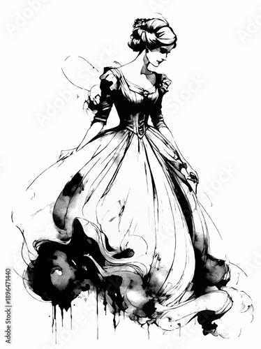 vintage fashion lady black and white watercolor painting