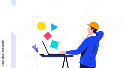 Construction Engineer wearing Hard Hat working on Laptop, visualizing Design and Technical Problem Solving.
