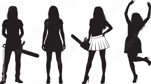 Black Silhouettes Set of Women Holding Power Chainsaws for Forestry Woodwork Garden Maintenance and Female Professional Characters Isolated on White Background Vector Illustration Art