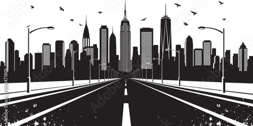 Modern city skyline silhouette featuring skyscrapers and high rise buildings along a long highway road with street lights and birds on white background.