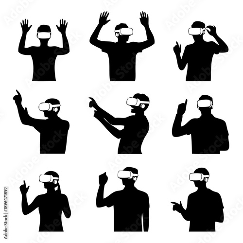 People experiencing virtual reality with vr headsets in various interactive poses
