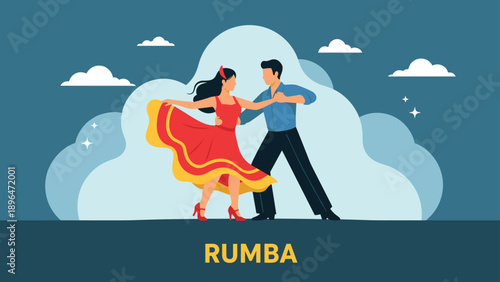 Professional dancing couple performs a passionate rumba dance in elegant attire against a stylized cloudy blue background.