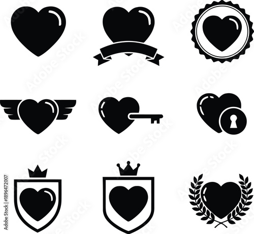 Collection of nine diverse black heart icons representing love and relationships in various forms