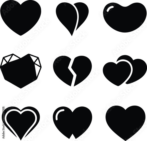 Collection of nine diverse black heart icons representing love and emotions isolated on transparent background