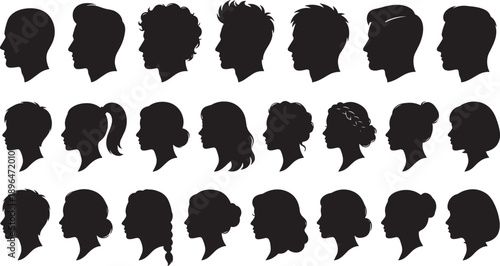 Comprehensive Collection of Male and Female Head Profile Silhouettes Featuring Diverse Hairstyles and Haircuts for Identity Portrait and Avatar Design Projects Isolated on White Background