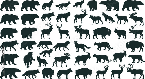Comprehensive Collection of Wild Animal Silhouettes Including Bear Wolf Moose Deer Buffalo and Mountain Lion Isolated on White Background for Forest Wildlife Nature Design