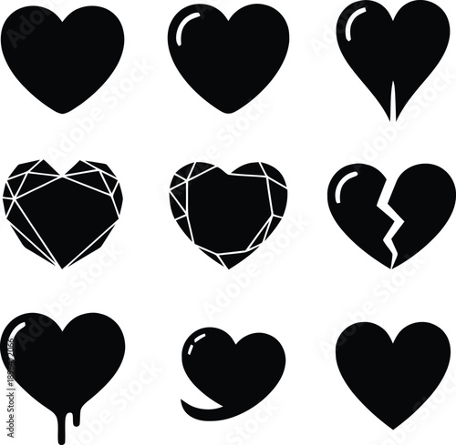 Collection of nine diverse black heart icons representing various emotions and concepts isolated on transparent background