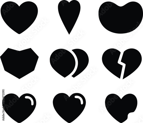 Collection of nine diverse black heart shape icons symbolizing love and relationships