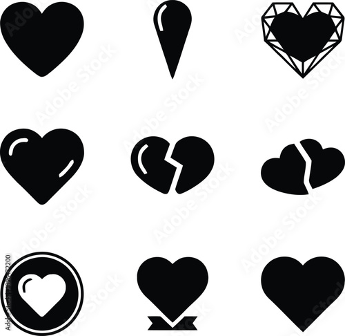 Collection of nine various black heart shaped icons and symbols isolated on transparent background