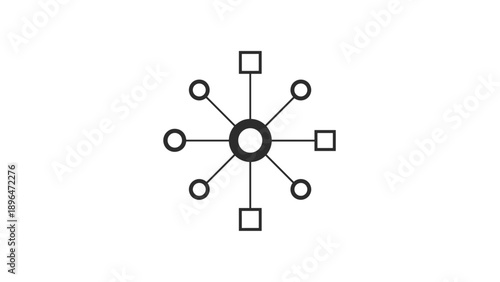 Central hub circle with radiating lines connecting to multiple nodes representing complex networking, data distribution, and organizational connectivity.