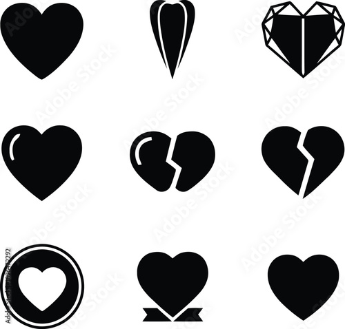 Collection of various black heart icons and symbols representing love and heartbreak isolated on transparent background