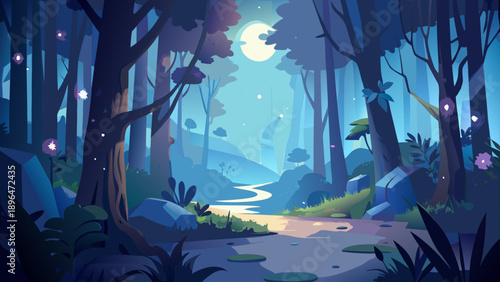 Very beautiful magical night forest illuminated by a glowing full moon, with sparkling fireflies and soft mist drifting between ancient trees, creating a dreamy fantasy atmosphere.