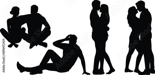 Romantic couple silhouette collection showing love, intimacy and togetherness poses, dating and relationship moments, black vector illustration set for romance concepts