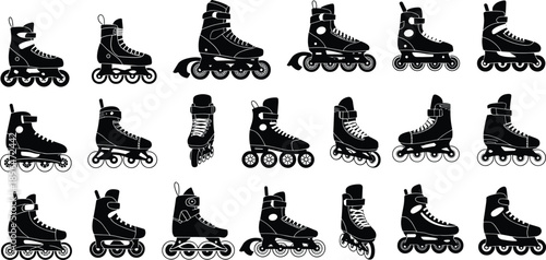 Roller Skate Silhouette Collection Featuring Inline and Quad Skating Boots in Multiple Designs and Wheel Configurations for Sports and Recreation Isolated on White Background