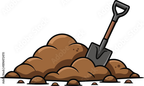 Shovels in a pile of ground. Heap of substrate, humus, fertilizer, compost. Hill of earth or dirt. Bunch of manure. Zero waste. Stock vector. Pile of ground. Vector illustration in flat style