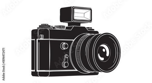 Vintage Film Camera Icon with Lens Aperture Detail - Flat Vector Illustration