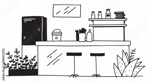 A modern kitchen illustration with stools, plants, and sink, viewed from the front.